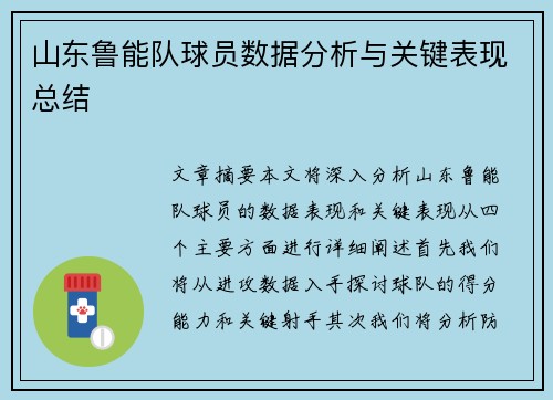 山东鲁能队球员数据分析与关键表现总结